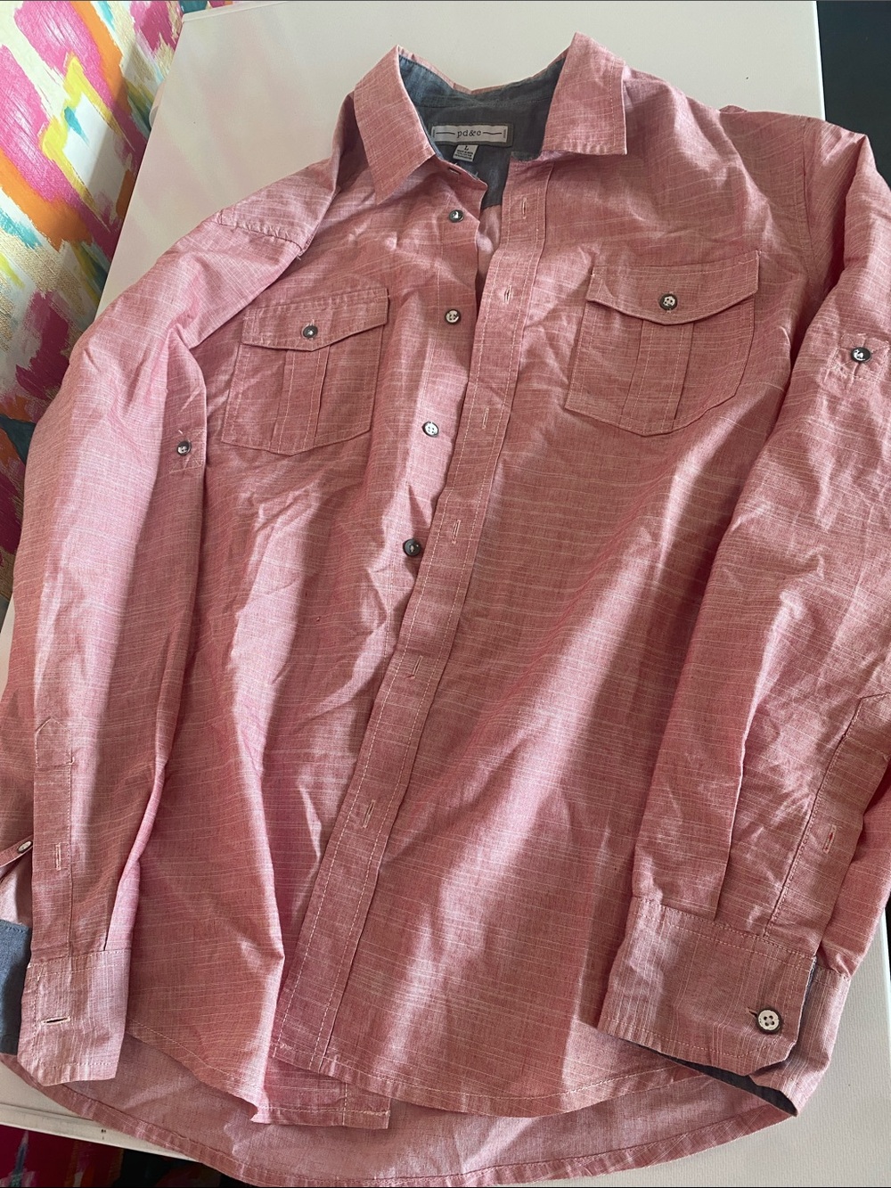 PD&C Pink Chambray Button-Up Shirt with Gray Trim. Size large. great condition.